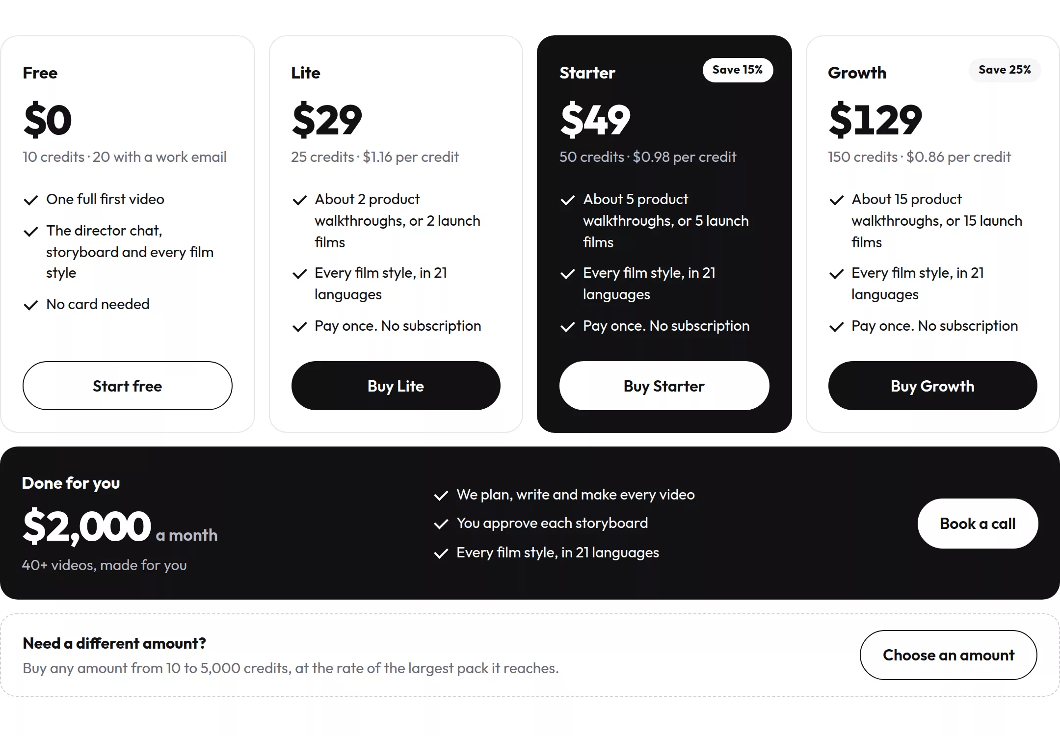 uscale pricing: the free first video and the credit packs