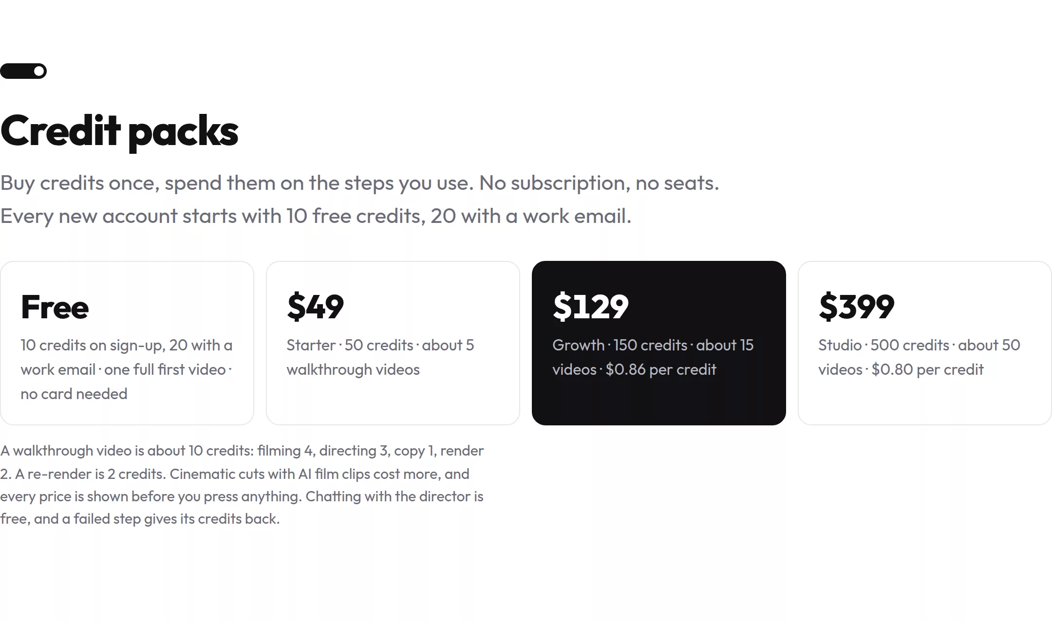 uscale pricing: the free first video and the credit packs