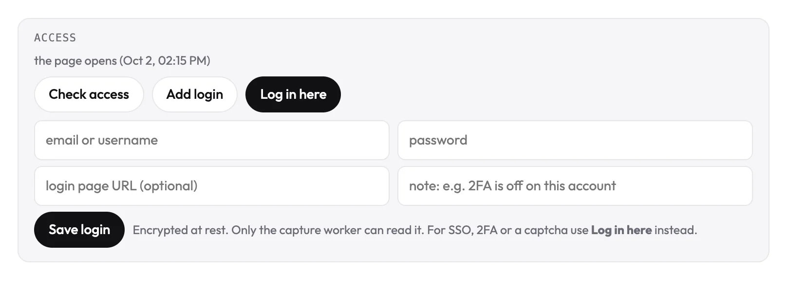 The Add login form: email or username, password, login page URL and a note