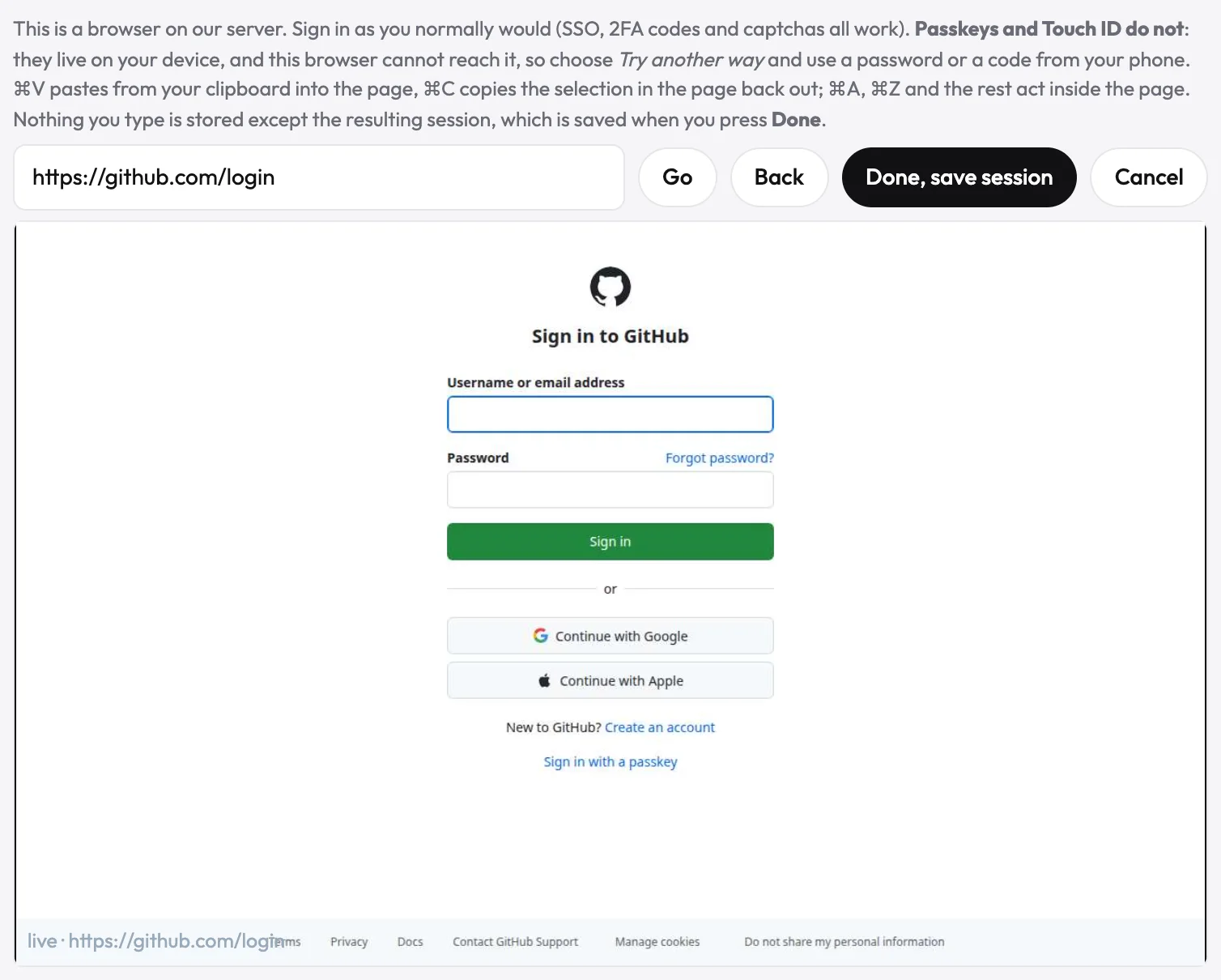 The Log in here browser streamed inside the uscale page, with an address bar and the Done, save session button