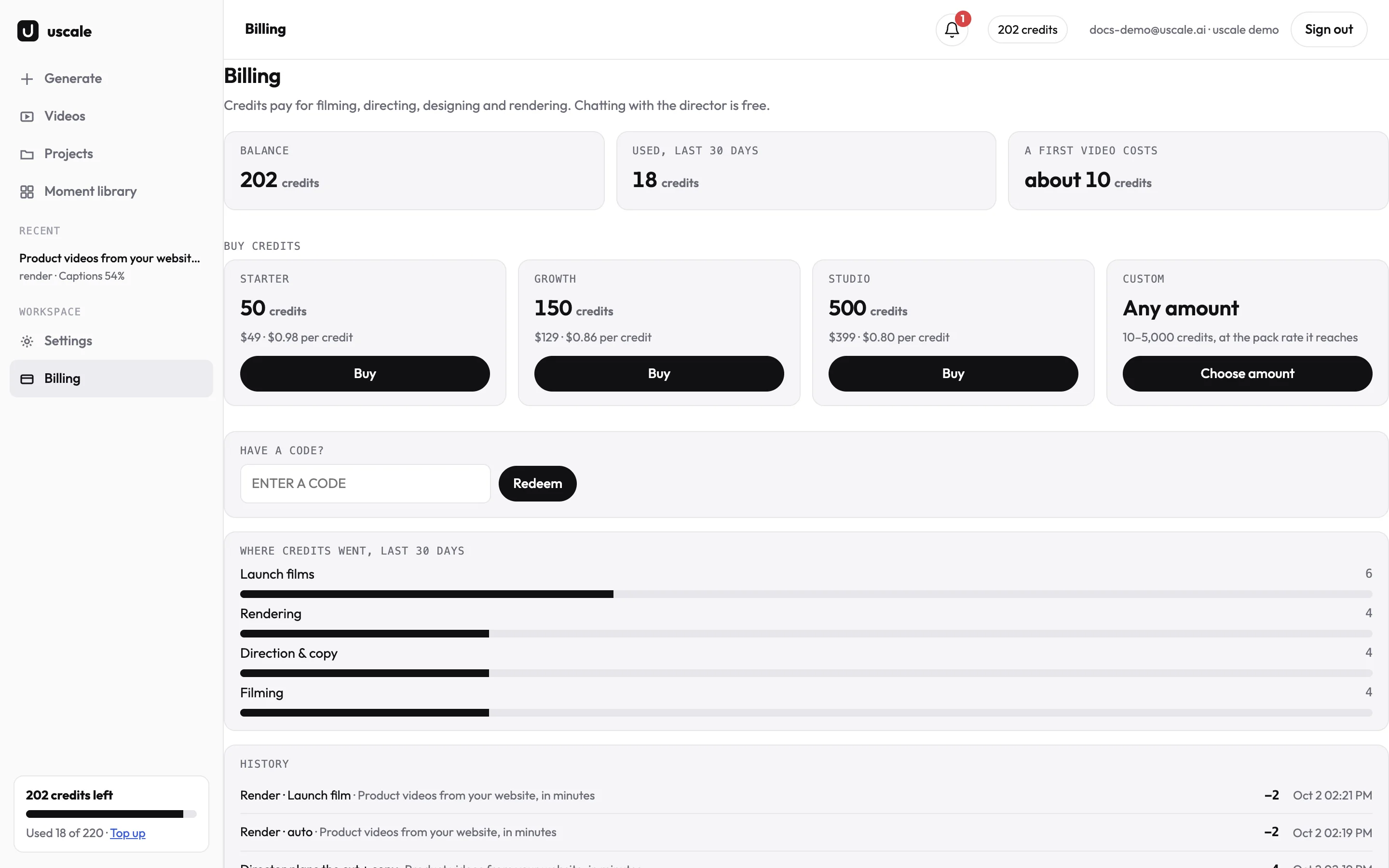 The Billing page: the balance, credits used in the last 30 days, the packs, a code field, and where credits went by step
