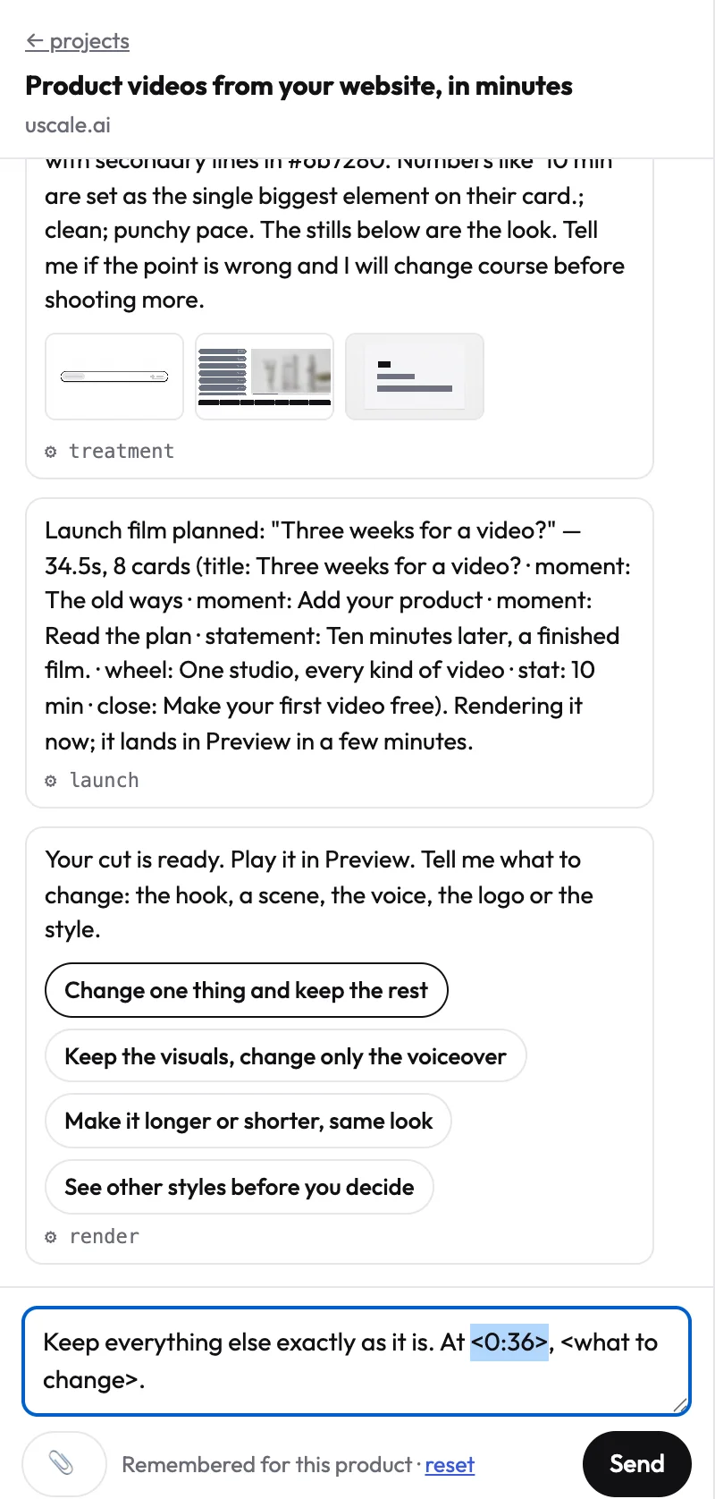 The chat after a finished film, with buttons for the next step under the message
