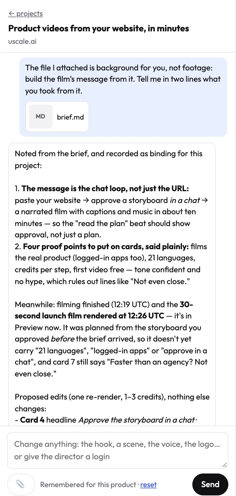 A brief attached in the uscale chat with the prompt, and the director's summary of what it took from the brief