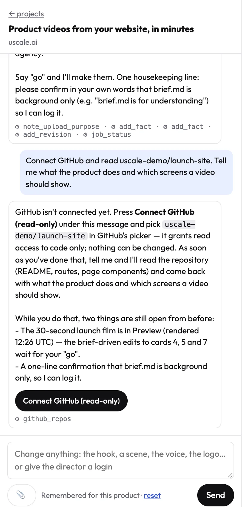 The director's reply in the uscale chat with the Connect GitHub (read-only) button under it