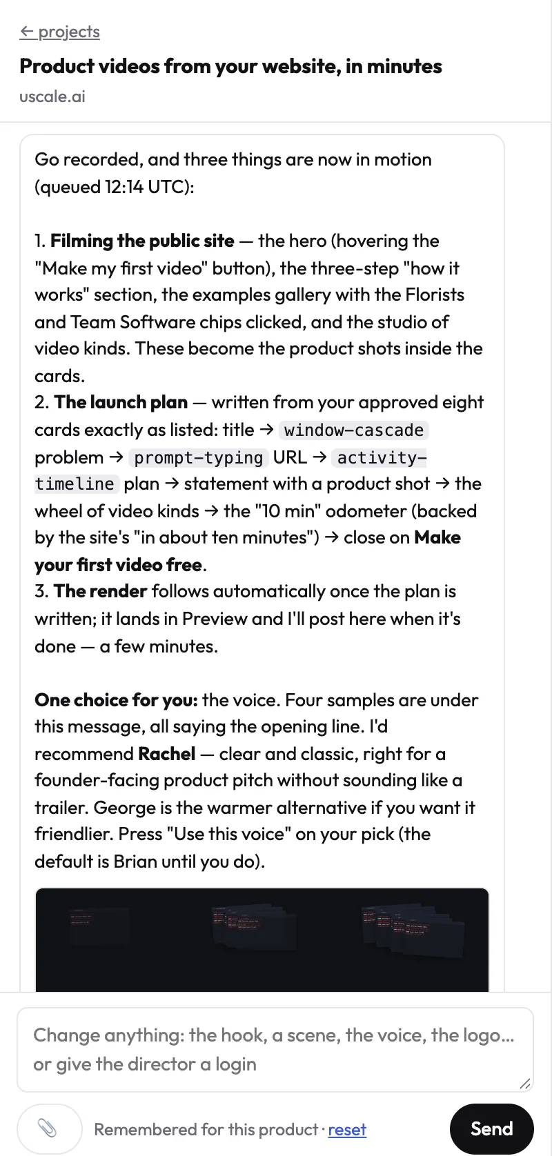 The director confirming the go and listing what is now in motion: filming the site, writing the launch plan, then the render