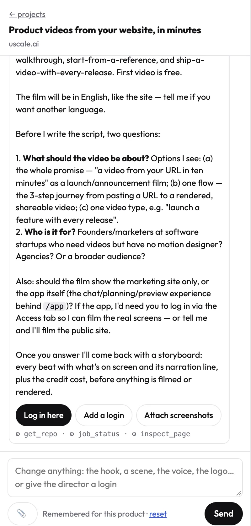 The director summarising what the product does and asking what the video should be about, who it is for, and whether it needs a login