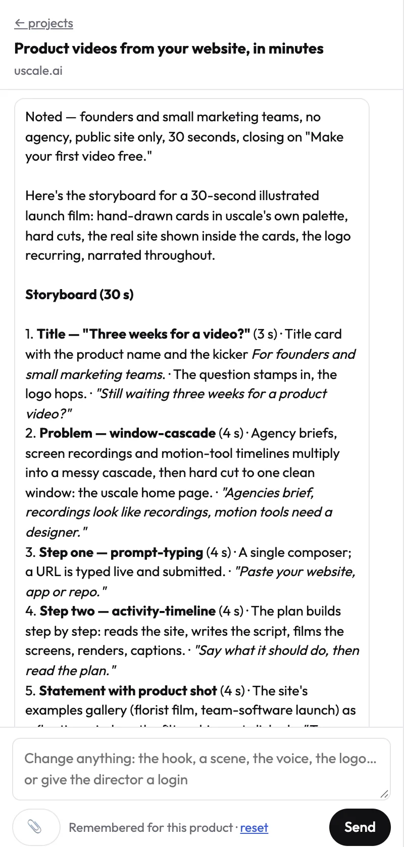 The director in the uscale chat proposing a 30-second storyboard, beat by beat, with the narration line for each
