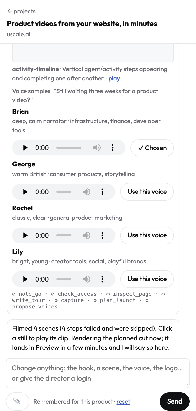 The director in the uscale chat recommending a voice, with voice samples of the film's opening line under the message