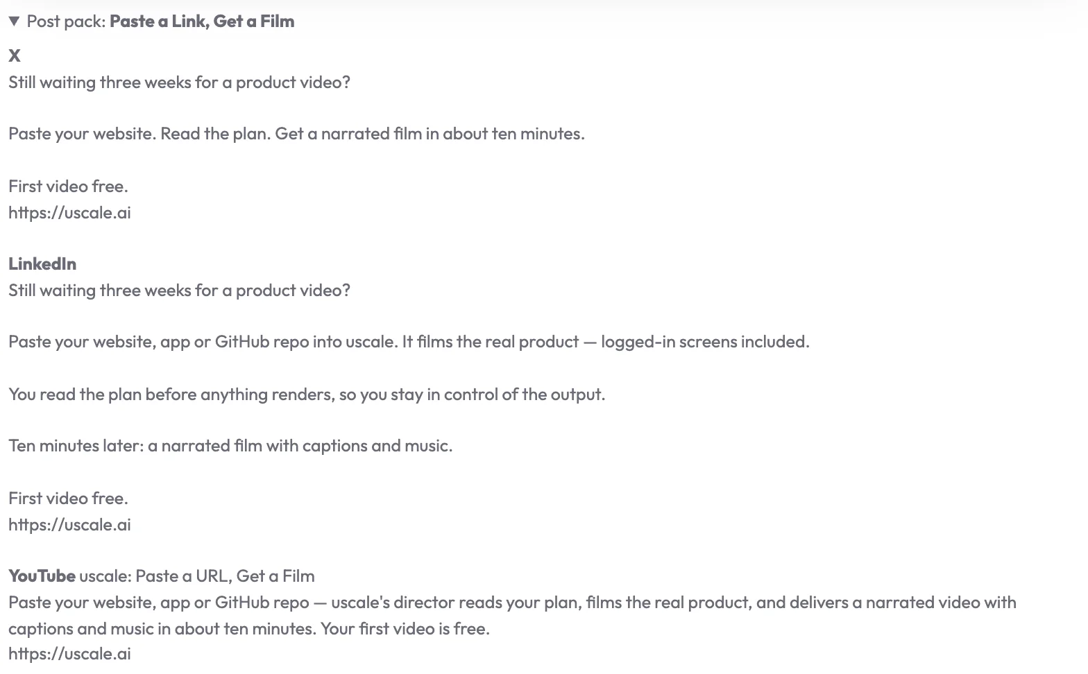 The Post pack panel under a film in uscale, with the X and LinkedIn posts
