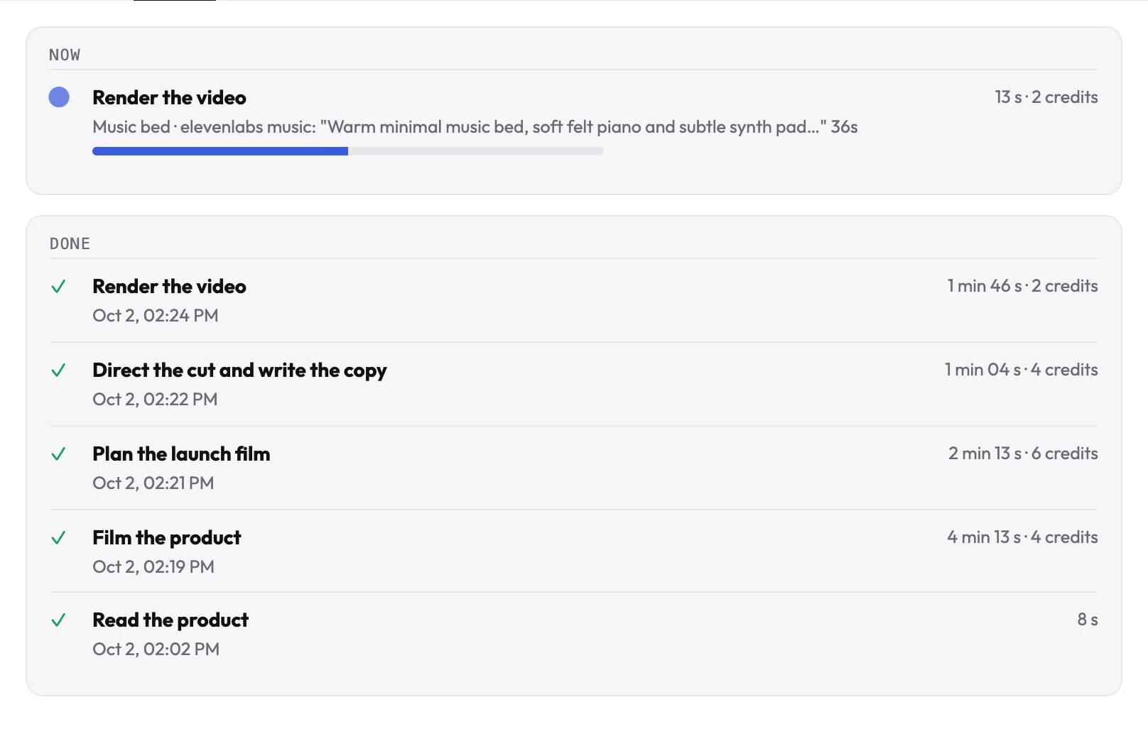 The Tasks tab: Film the product running now, Plan the launch film up next with its credit price, Read the product done