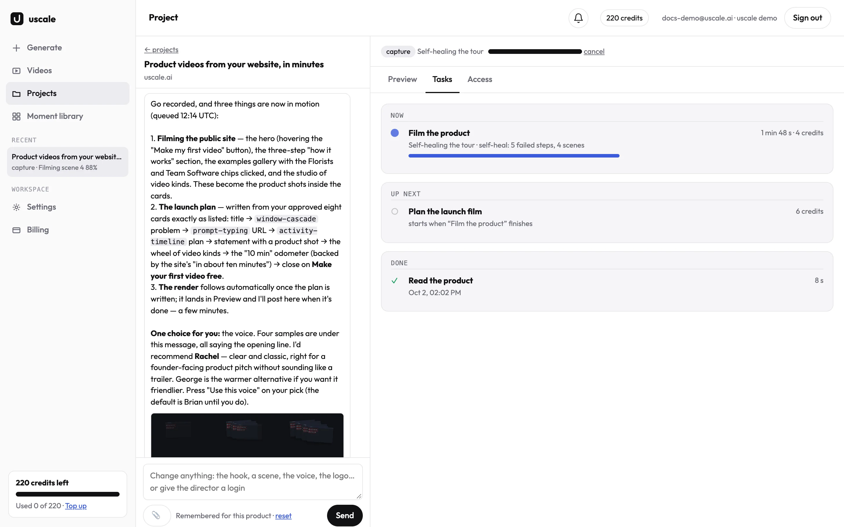 A uscale project: the chat with the director on the left, the Tasks tab on the right showing what runs now, what is next and what is done