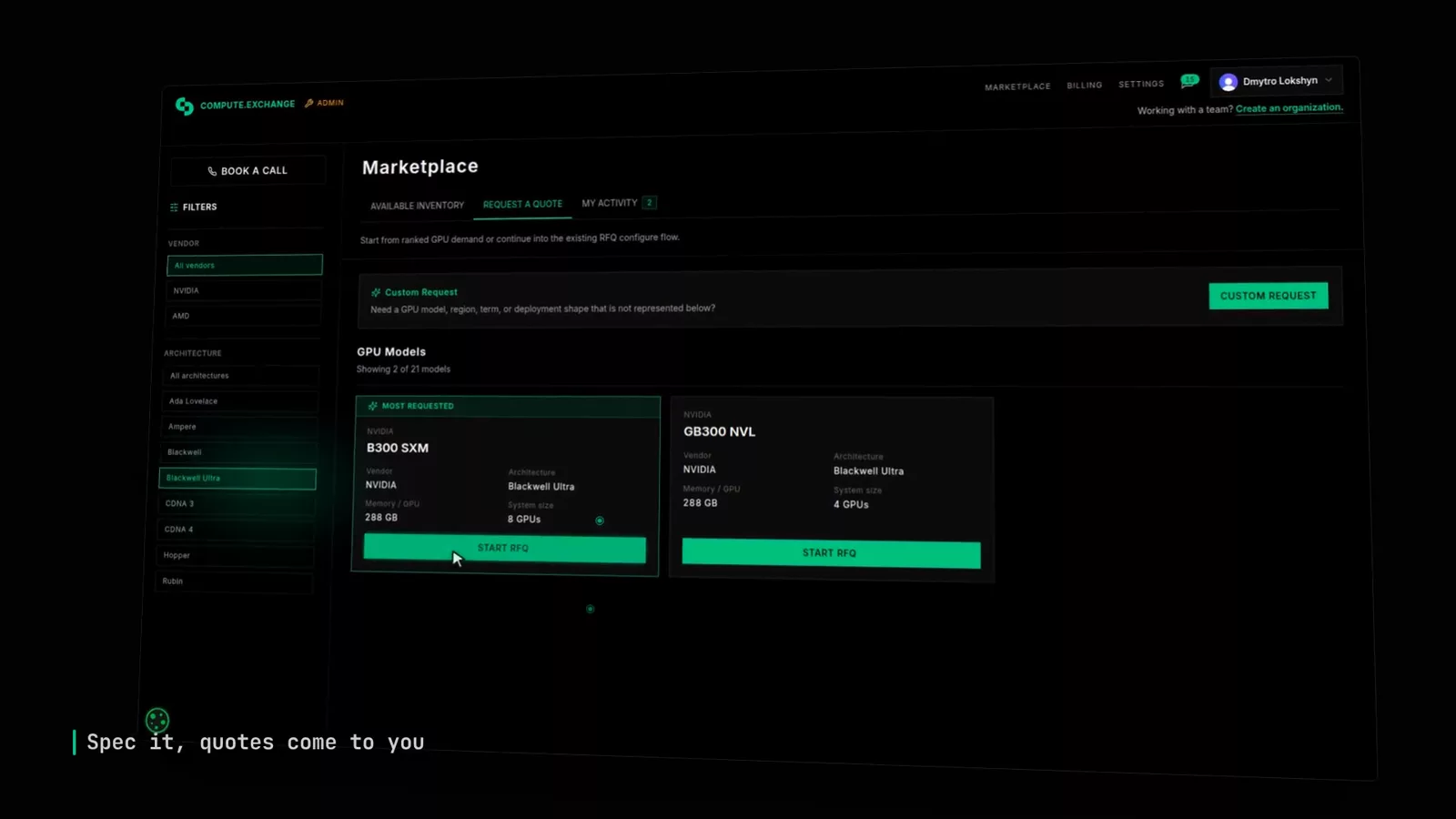 A frame from Dolly walkthrough for GPU marketplace app, made by uscale